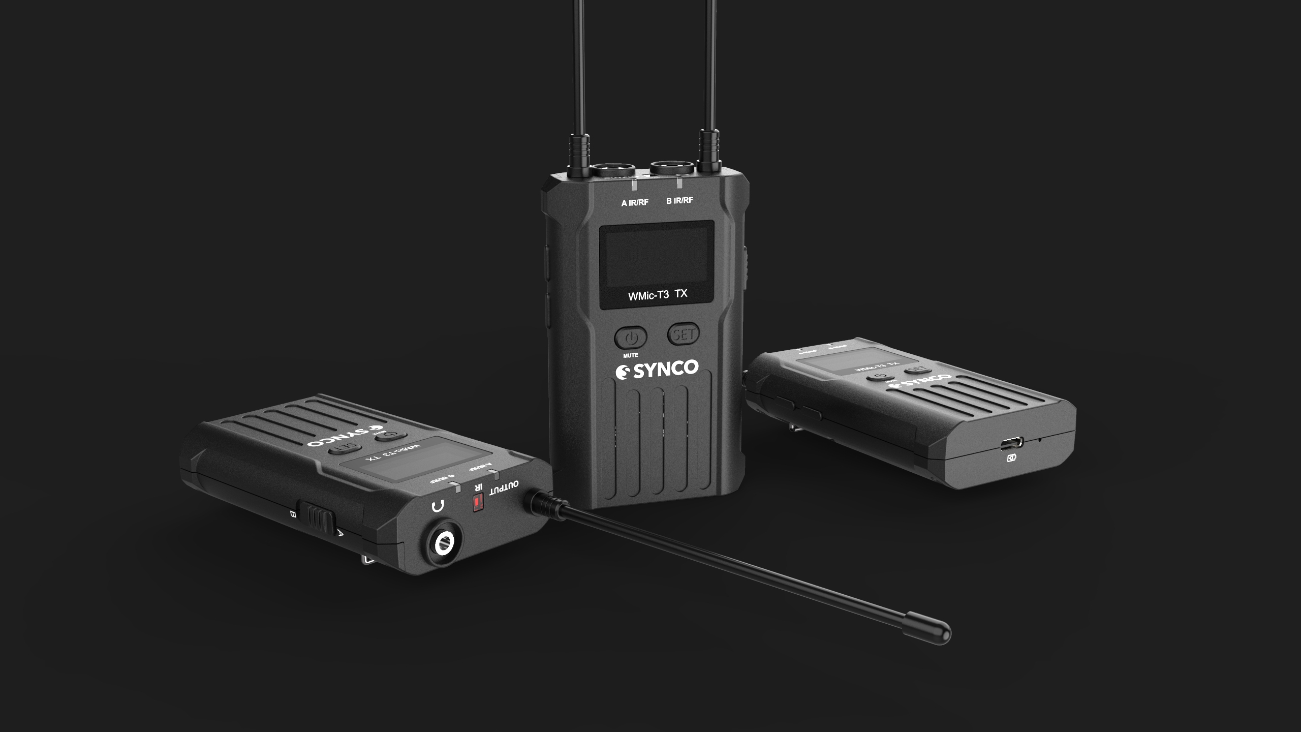 SYNCO T3 receiver and transmitters in a dark studio composition